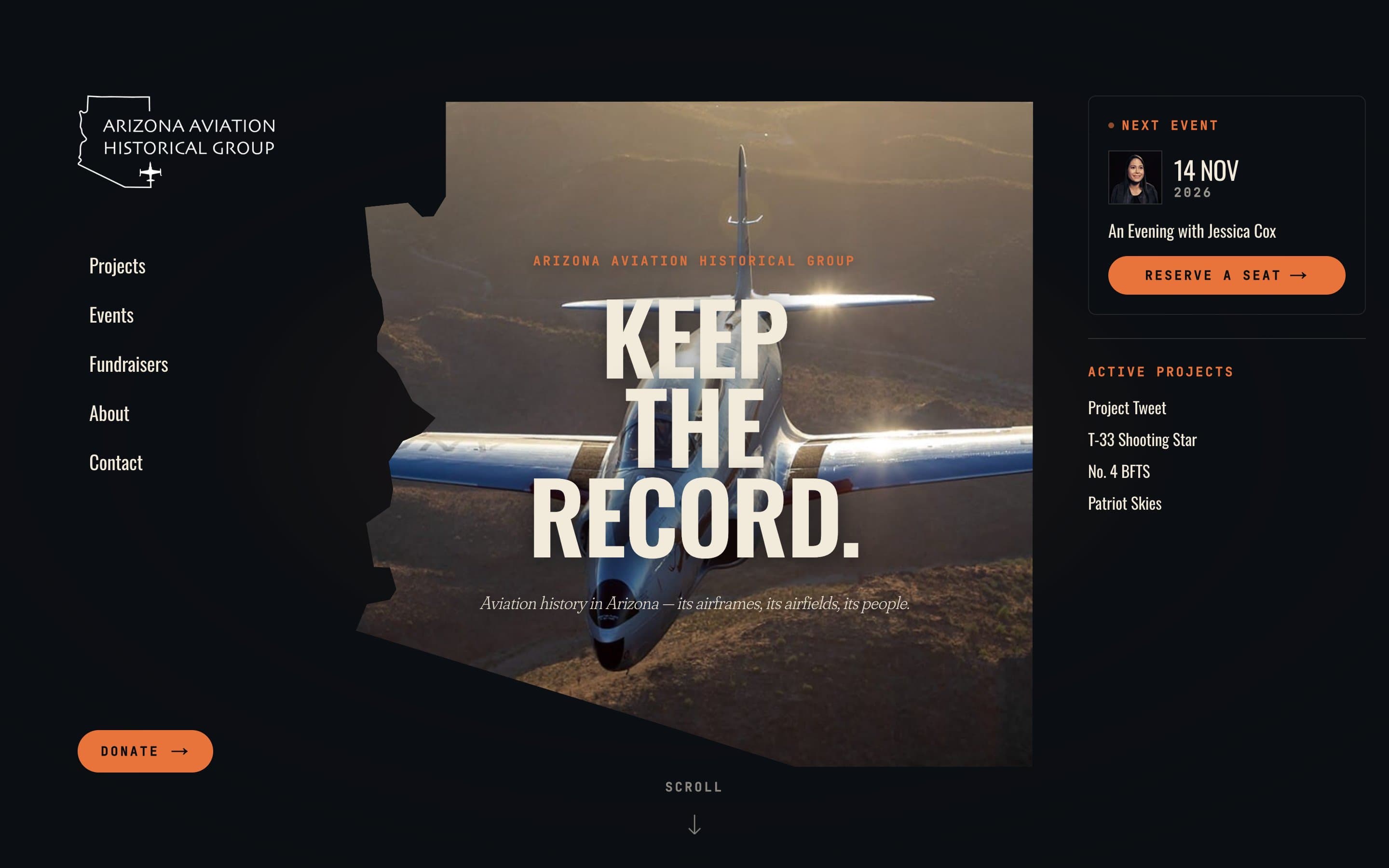 The AAHG homepage: 'Keep the record.' over the Arizona-shaped photo cutout