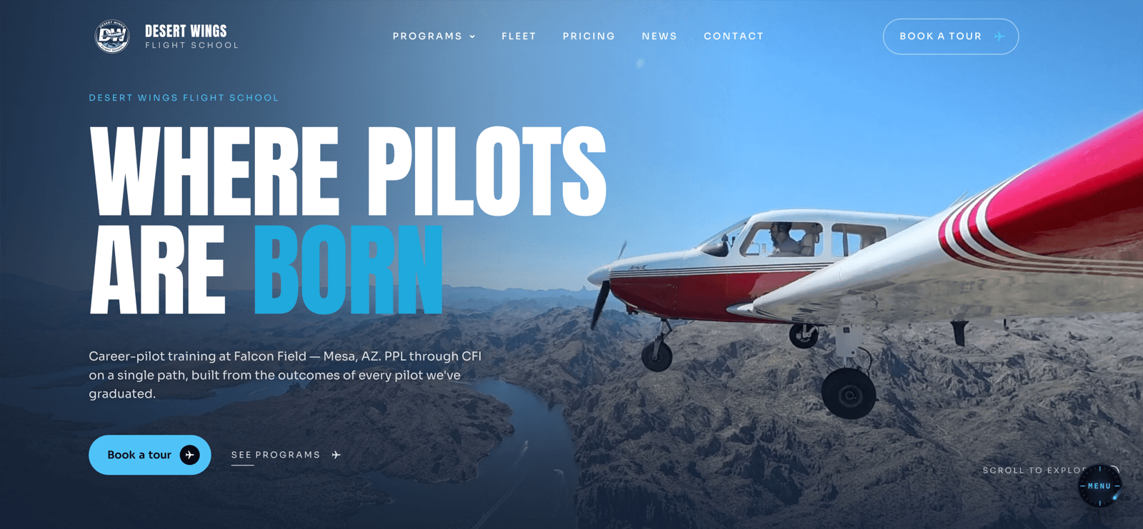 The Desert Wings homepage hero: a Piper over the Arizona desert