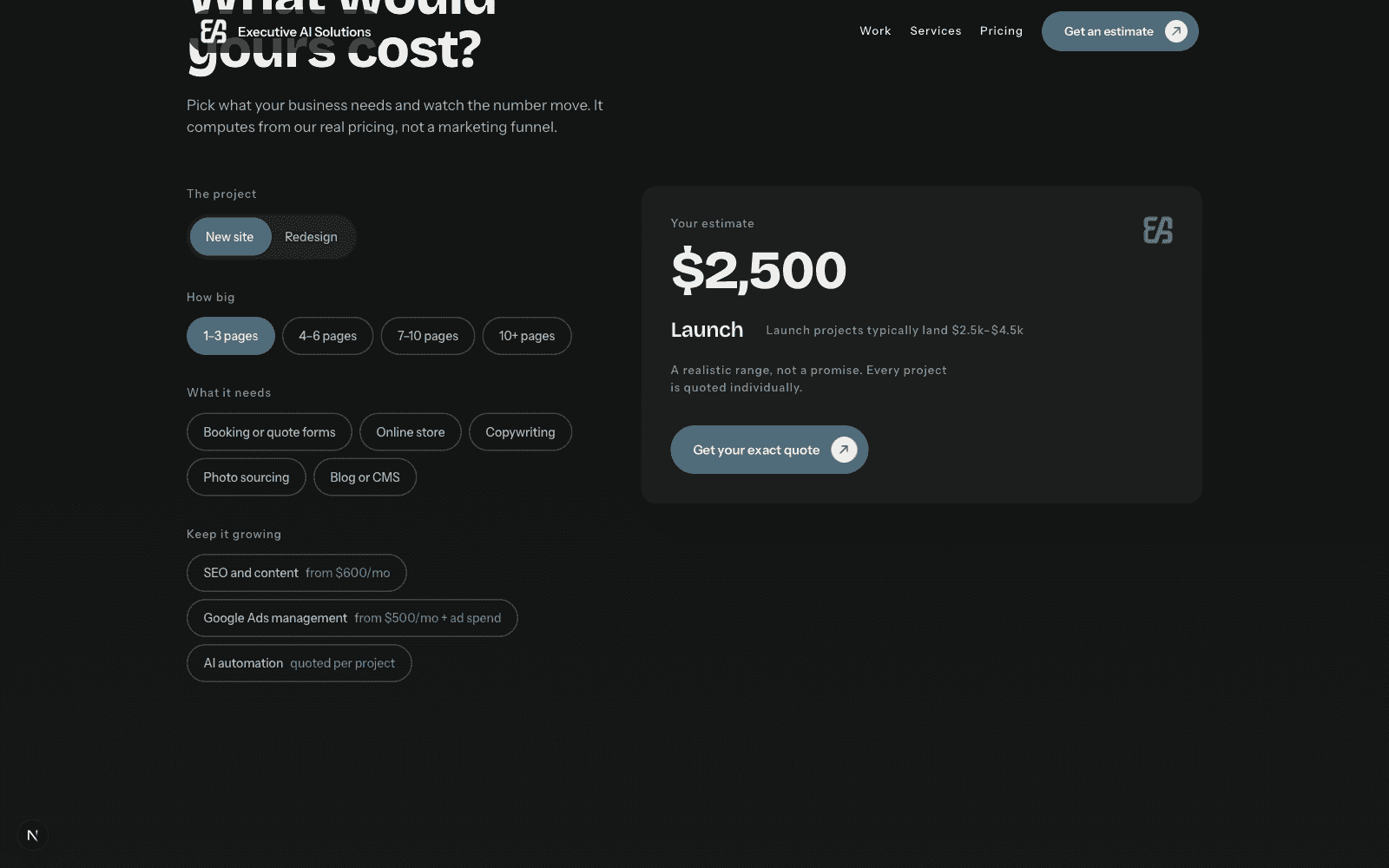 The instant estimator on the Executive AI Solutions site