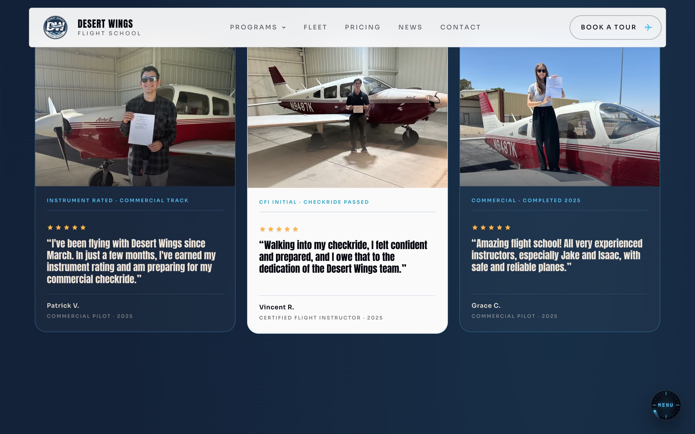 The reviews section on the Desert Wings site
